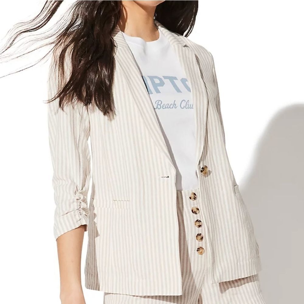 VYLETTE tan striped shirred sleeve linen blend jacket blazer M‎